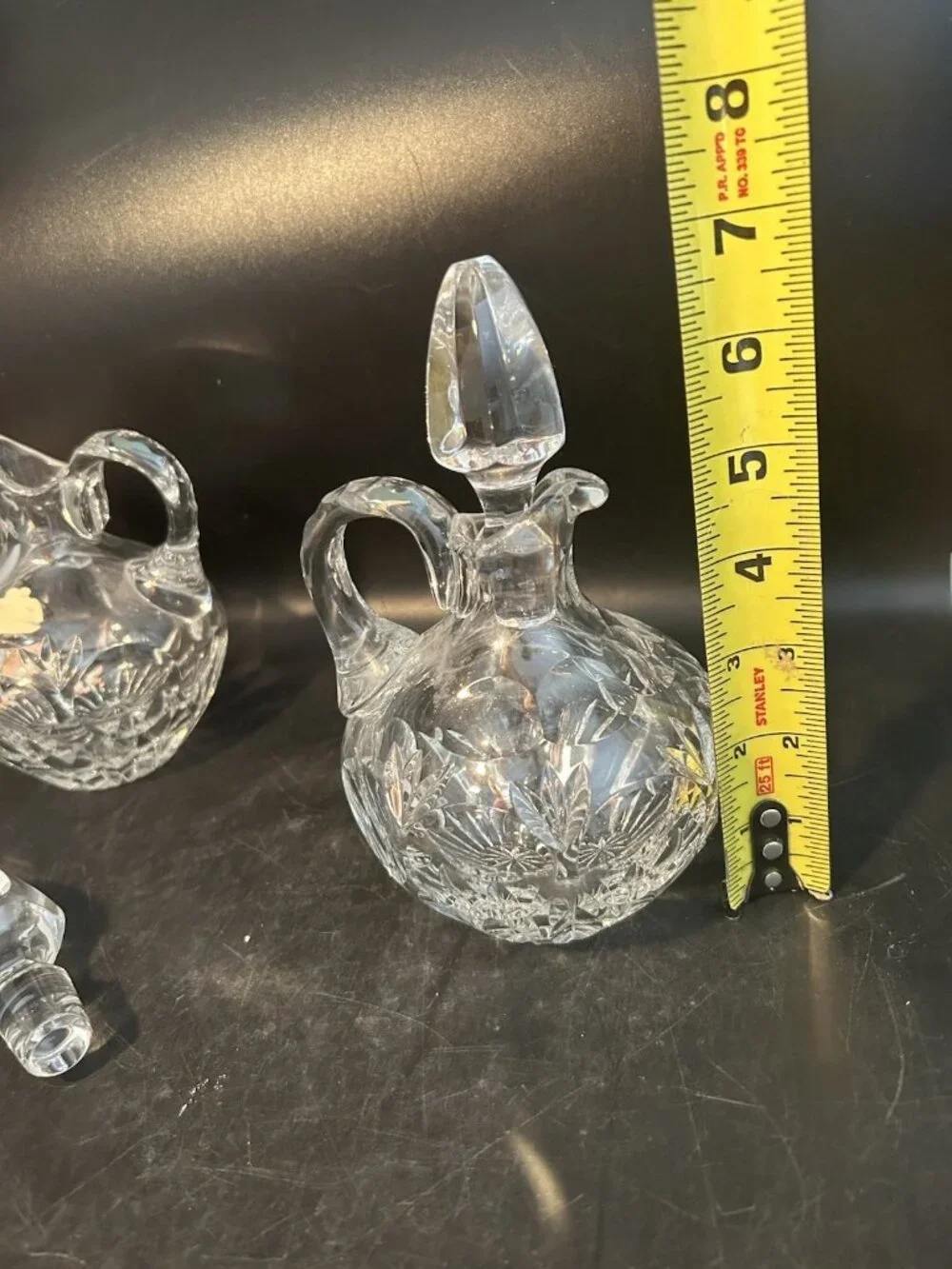 Vintage Elegant Cut Glass Cruets w/ Stoppers Diamond Point Pattern 7x5 Set of 2